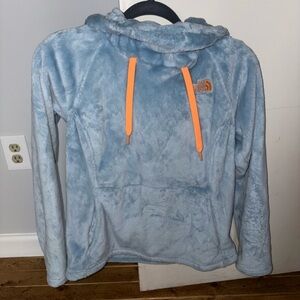 The North Face Light Blue Fleece Hoodie with Orange Accents